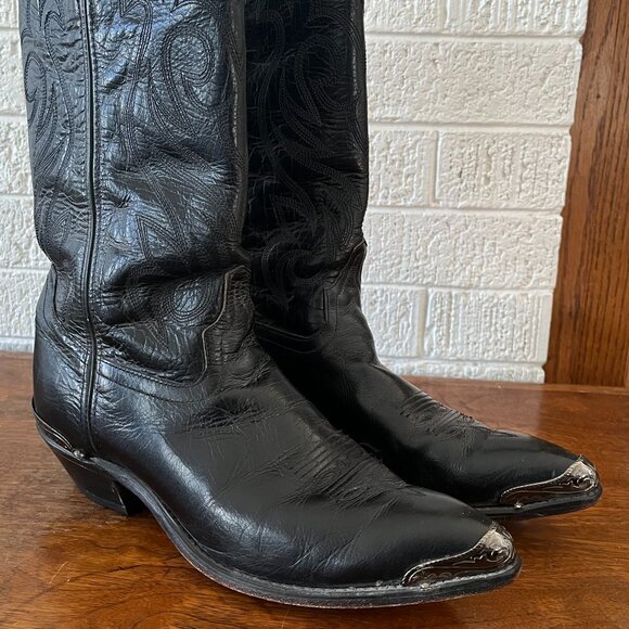 Code West Shoes - Vintage Code West Black Cowgirl Boots 9.5M, Embossed Metal Toe & Heel, Western